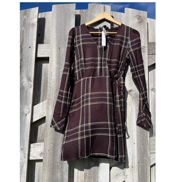 NWT (0) (6) Sanctuary cloth brown plaid faux wrap side tie button long sleeves - Picture 12 of 13